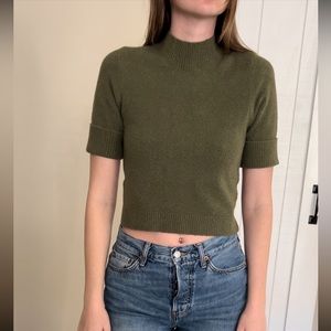 & Other Stories Olive Green Cropped Knit Mockneck Tee Shirt Size S